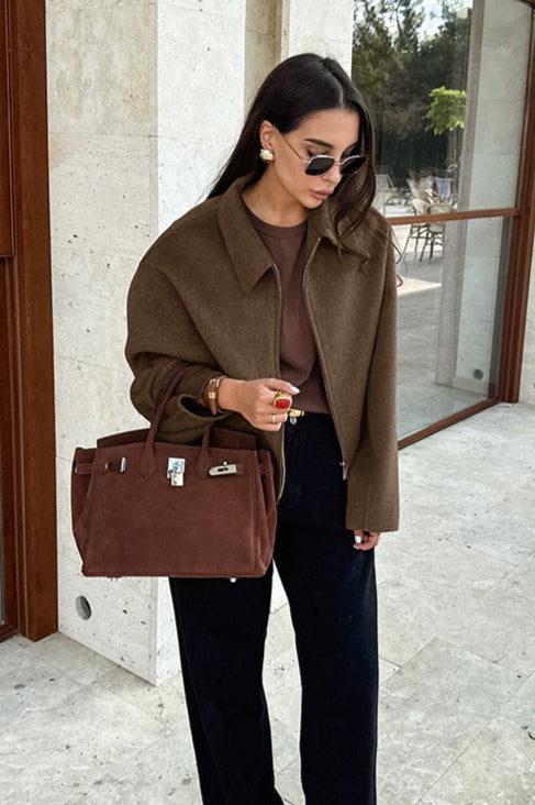Collared Zip Front Wool Blend Jacket