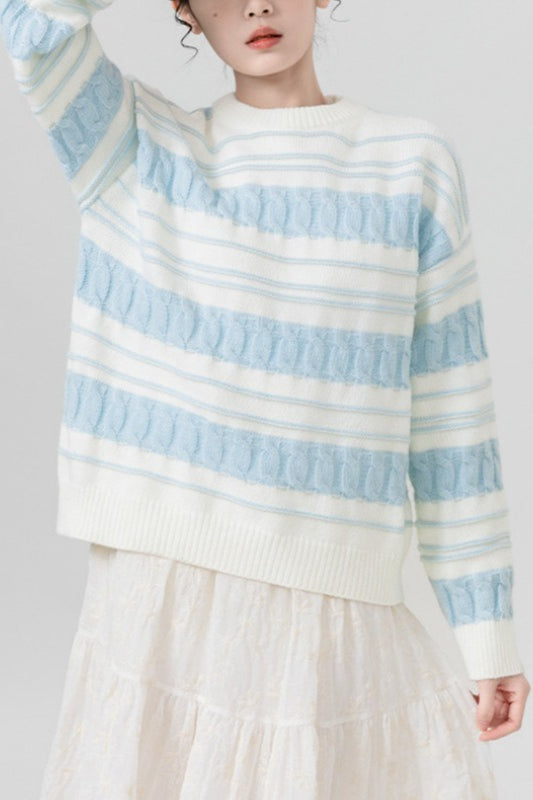 Creamy Stripe Cable-Knit Loose Sweater Blue / One Size
