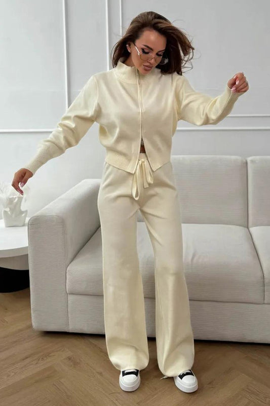 Zweiteiliges Set aus tailliertem Strick-Pendler-Outfit mit Zwei-Wege-Reißverschluss und taillierter Strickkonstruktion