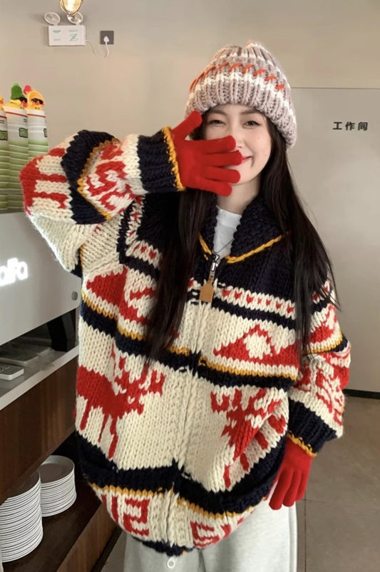 Strickpullover mit lockerem Hirschstreifenmuster