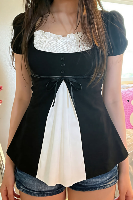 Contrast Panel Puff Sleeve Square Neck Blouse