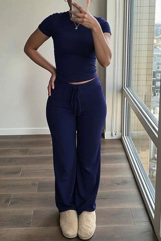 Fitted Short Sleeve Top Tie Waist Pants Set