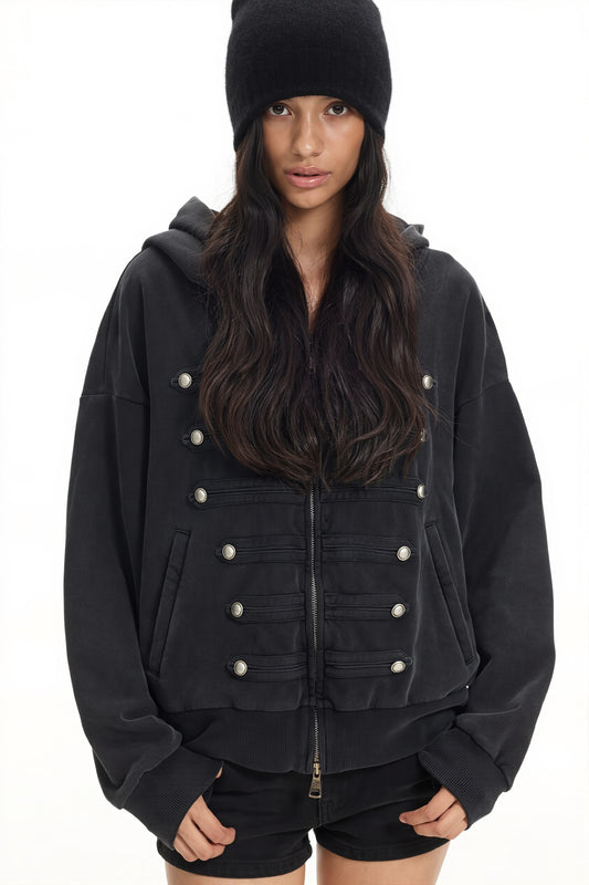 Military Button Front Zip Hoodie