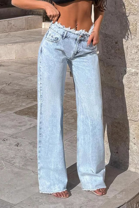 Ausgefranste High-Waist-Jeans mit lockerem, weitem Bein