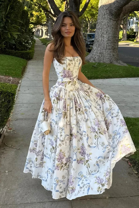 Schickes Maxikleid mit bedruckten Trägern und Plissee aus Rayon