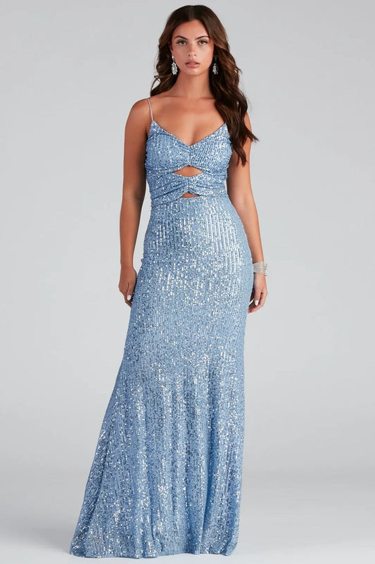 Sequin Spaghetti Strap Formal Dress S / Blue