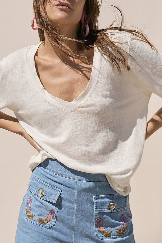 Minimalist Solid Deep V Neck Slub Cotton Loose T-shirt