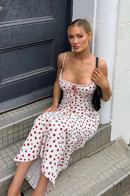 Schmal geschnittenes Maxikleid mit Blumenmuster und Spaghettiträgern