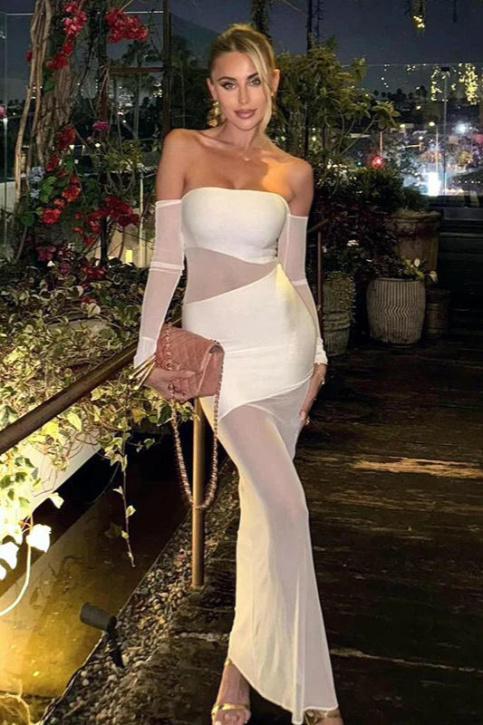 Elegantes, sexy, tailliertes Partykleid mit Netzeinsatz und langen Ärmeln