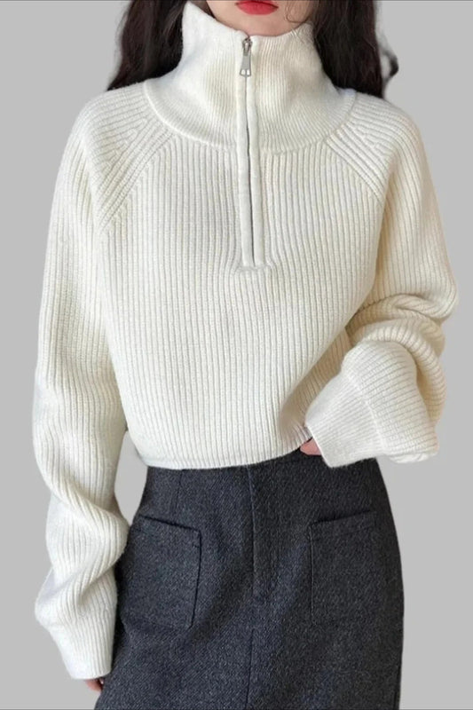 Half Zip Knit Turtleneck Sweater White / One Size