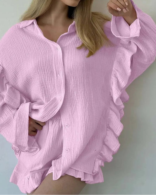 Blaues, gerüschtes Bürohemd aus Baumwolle mit Revers, zweiteiliges Set