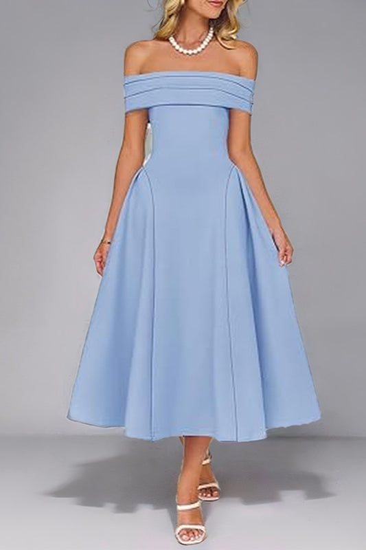 Schulterfreies, einfarbiges Partykleid mit Taillenbesatz