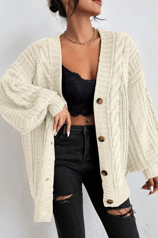 Lantern Sleeve Cable Knit Sweater White / S