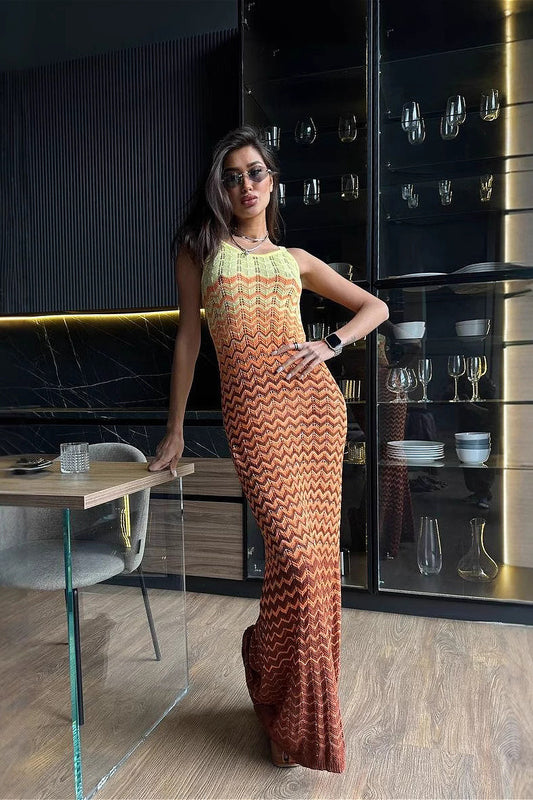 Farbblock-Maxikleid mit V-Ausschnitt, tailliert, aus Strick