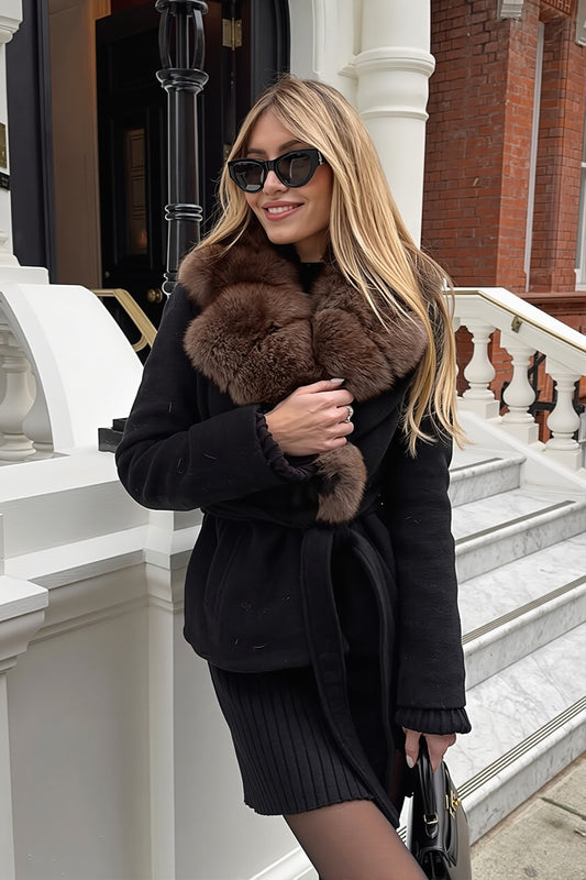 Plush Collar Belted Wrap Coat