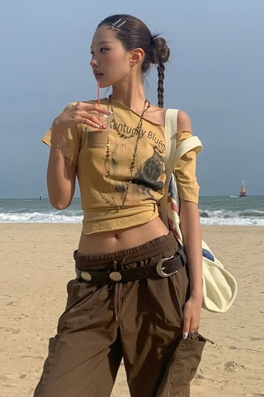 Graphic Print Asymmetrical Neck Short Sleeve Blouse