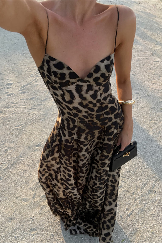 Sexy Maxikleid mit Spaghettiträgern und Leopardenmuster