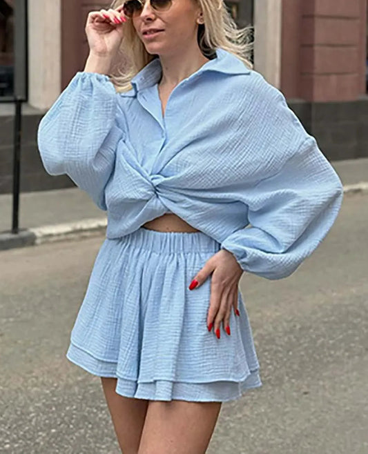 Blaues, einreihiges Büro-Shorts-Set aus Baumwolle