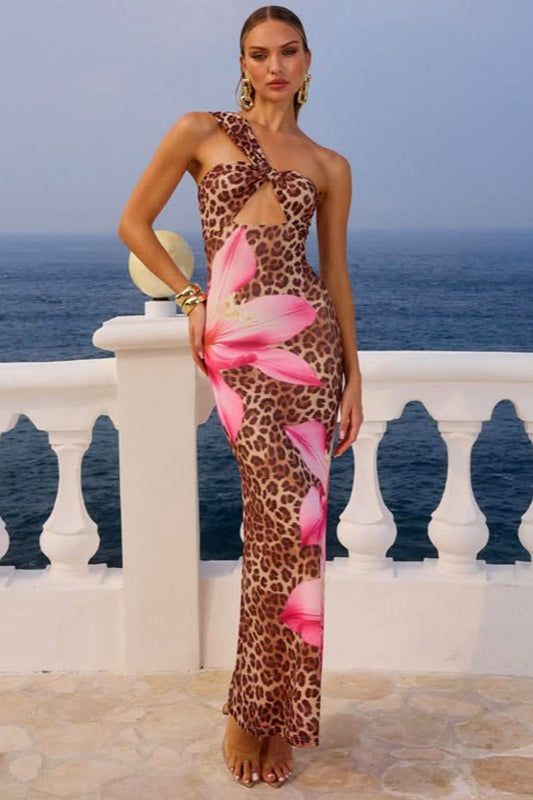 Sexy, figurbetontes Maxikleid mit Leopardenmuster und Cut-outs