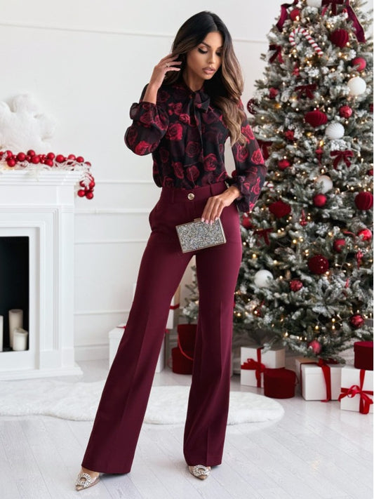 Chiffonbluse mit Schleifenmuster und langen Ärmeln