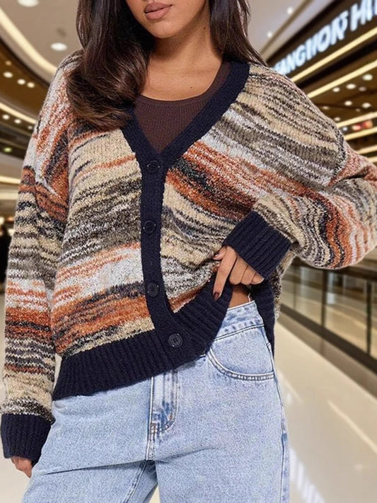 Retro-Strickpullover mit Farbblock-Streifen und V-Ausschnitt