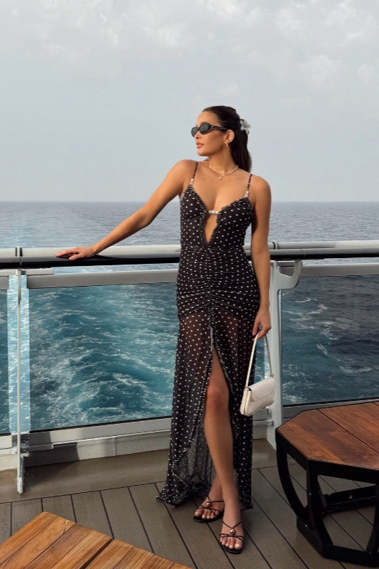 Gepunktetes, gerüschtes Spitzen-Mesh-Cami-Maxikleid