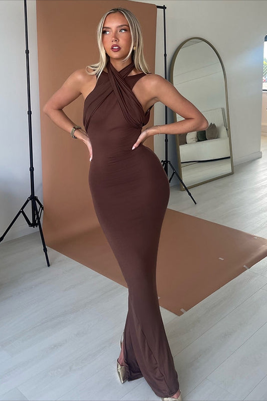 Cross Strap Waist Cutout Halter Maxi Dress