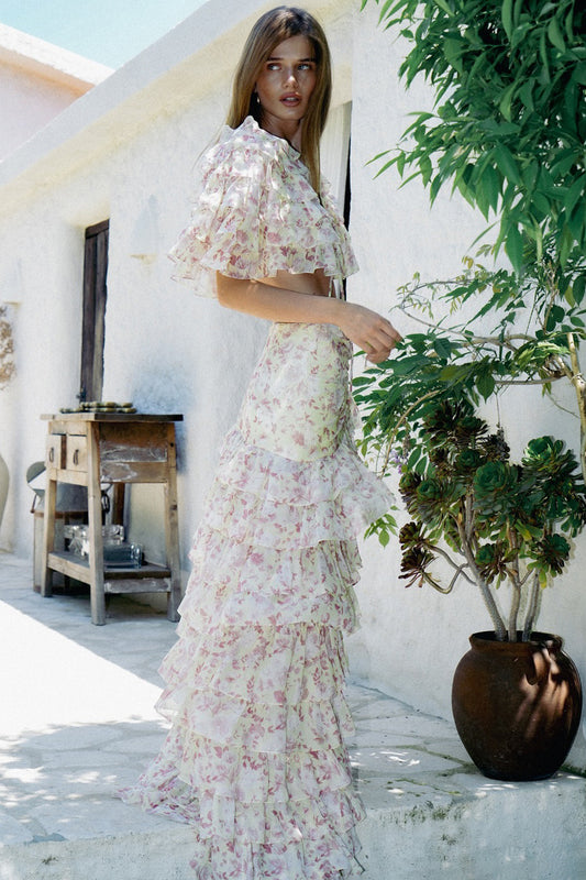 Zweiteiliges Set mit gerüschtem, gestuftem Cake-Rock und Schlitz