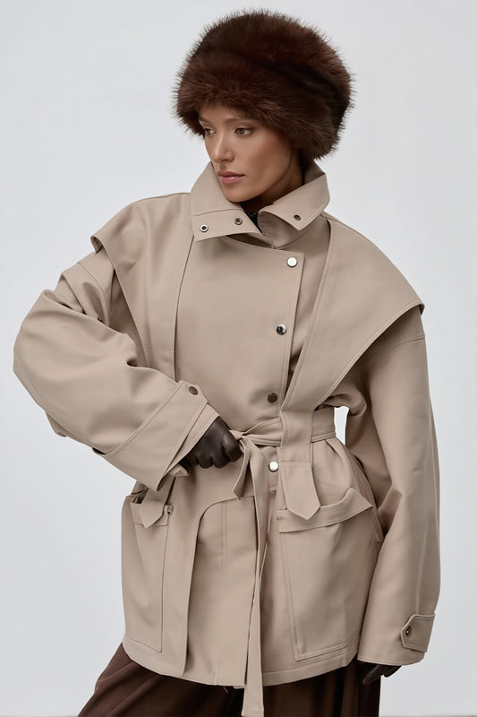 Belted High Collar Cape Sleeve Coat