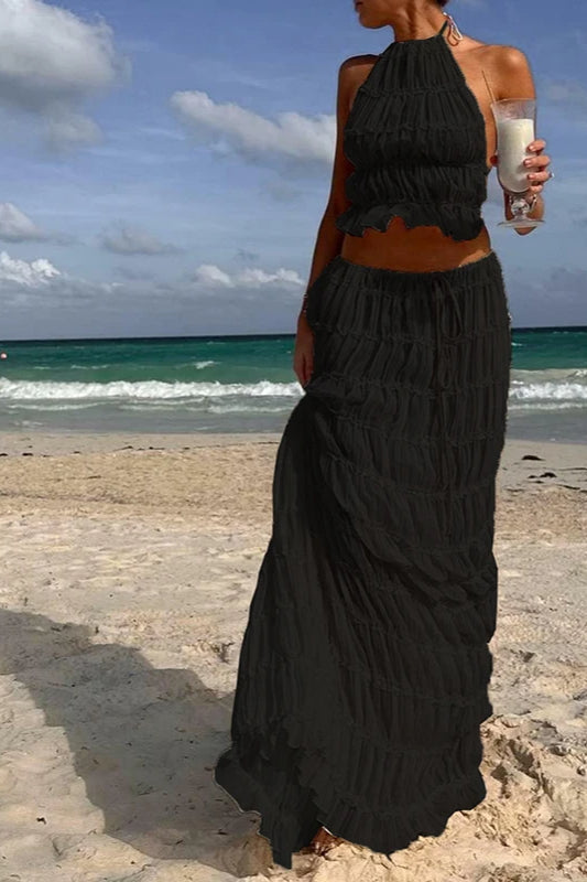 Ruched Halter Cami & Maxi Skirt Boho Dress Black / S