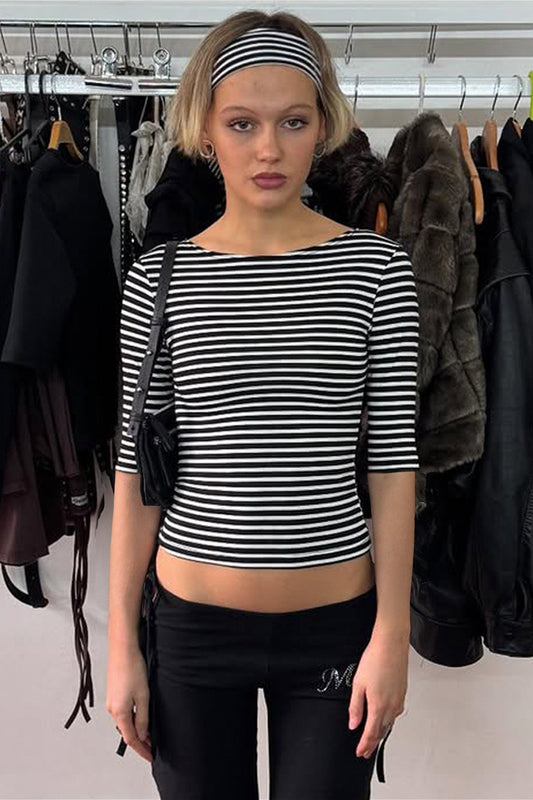 Vintage-Bluse aus figurbetontem Strick mit Farbblock-Streifen und Jacquardmuster