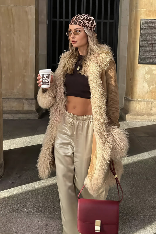 Plush Trim Suede Look Hooded Coat
