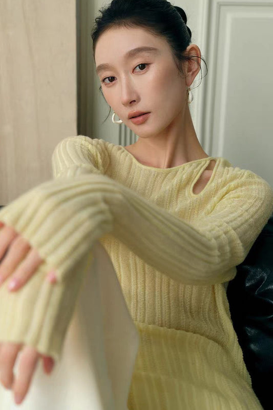 Yaohua Xiyan Französisch Elegantes Woll-Rippstrickoberteil mit Lochmuster