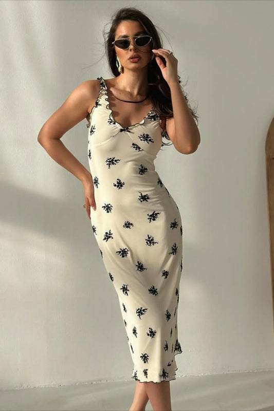 Figurbetontes Maxikleid mit V-Ausschnitt, Spaghettiträgern und Schleifendetail