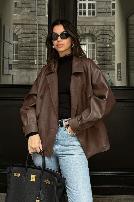 Relaxed Double Breasted Faux Leather Blazer