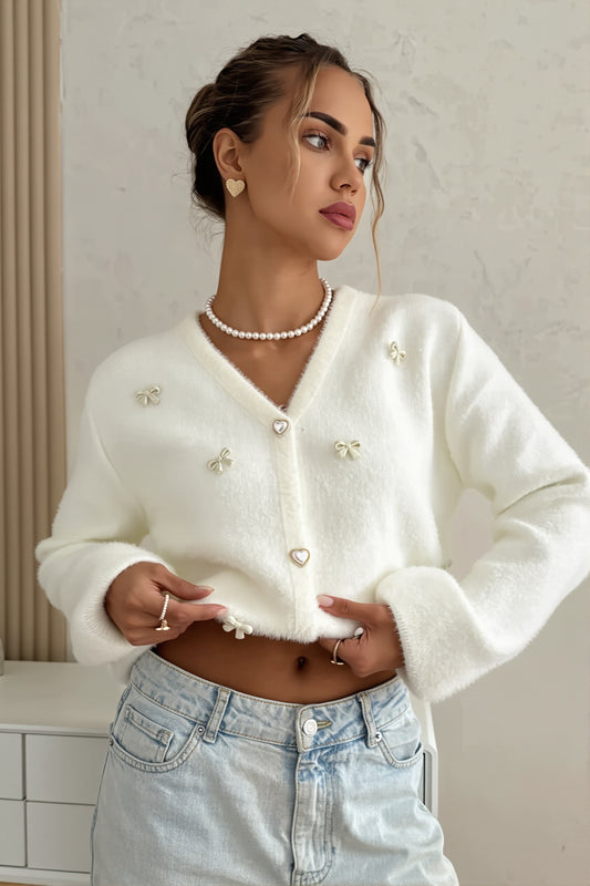 Fuzzy Bow Embellished V Neck Cardigan