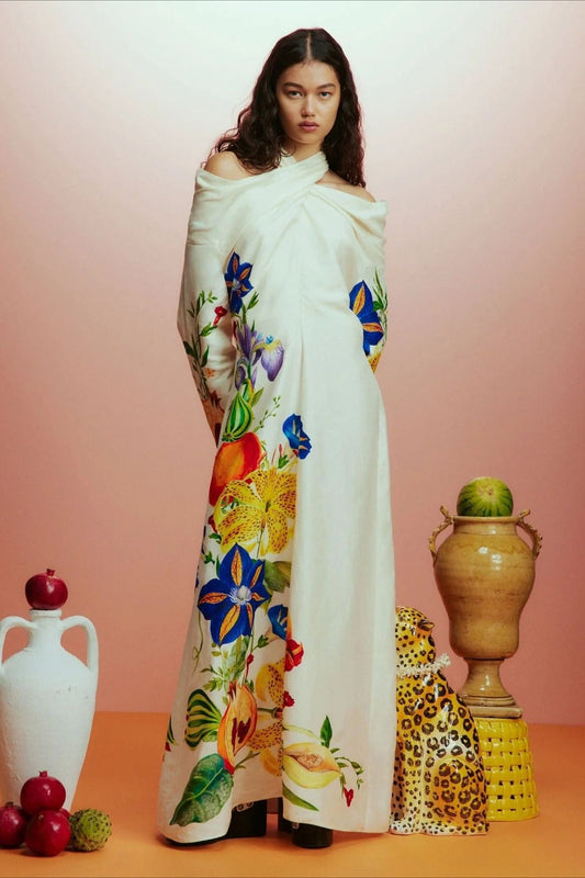 Elegantes schulterfreies Maxikleid mit Blumendruck