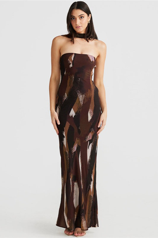 Trägerloses, rückenfreies Maxikleid mit Print