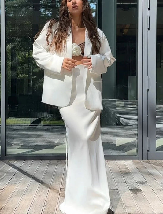 Weißer Satin-Langarmrock fürs Büro, zweiteiliges Set