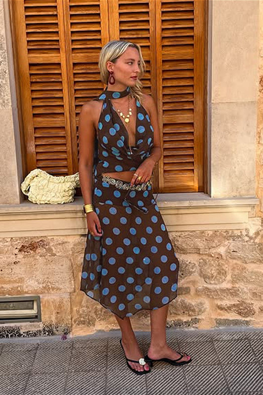 Zweiteiliges Set aus Mesh mit Farbblock und Tupfen