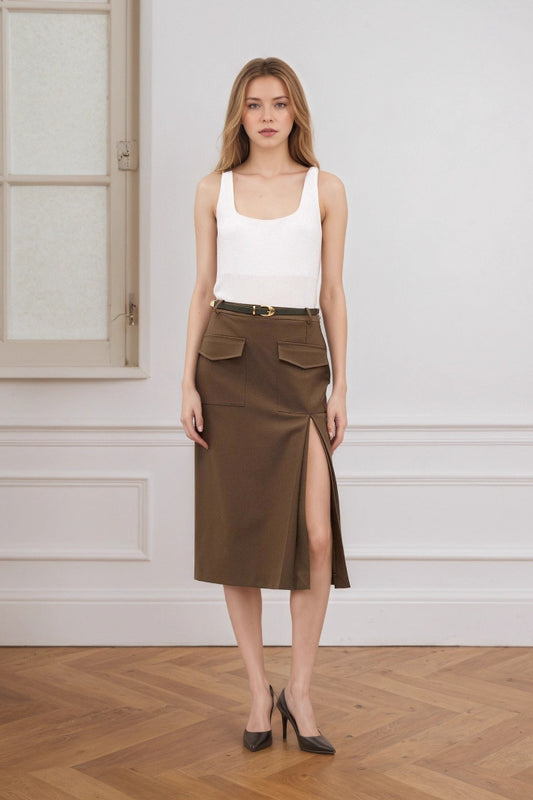 Midirock in A-Linie mit hoher Taille und Schlitz