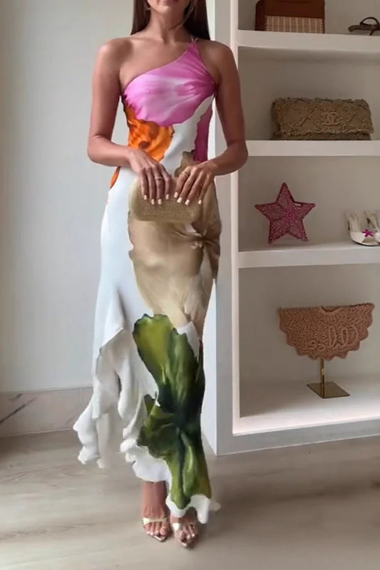 Fließendes Maxikleid mit Rüschen und One-Shoulder-Träger