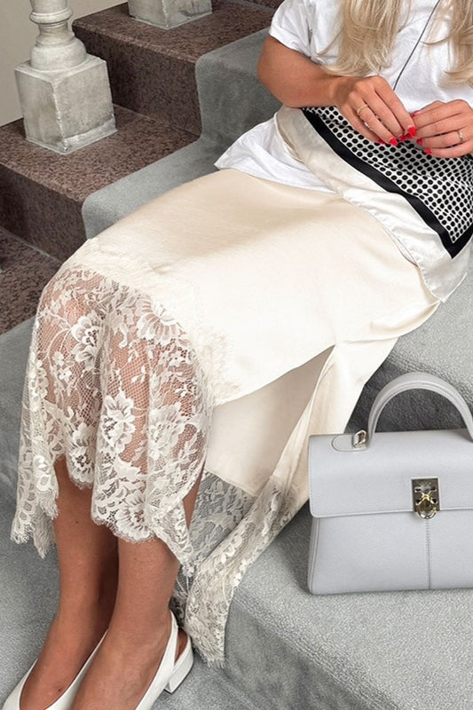 Asymmetric Lace-Panel Midi Skirt