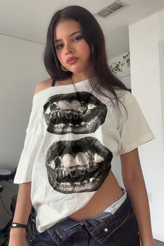 Hip Hop Lip Print Asymmetric Neck Sexy T-shirt