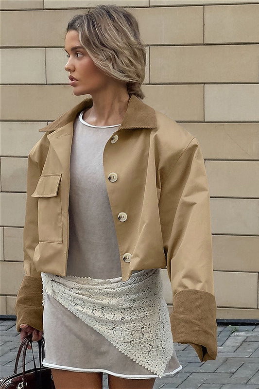 Retro-Farbblock-Jacke mit Kragen, kurz geschnitten, lässig, Utility-Stil