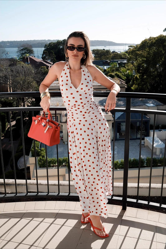 Gepunktetes Neckholder-Maxikleid mit V-Ausschnitt und Rüschen