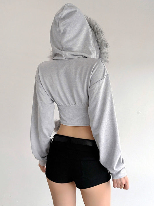 Fuzzy Collar Long Sleeve Cropped Waist-Tied Hoodie