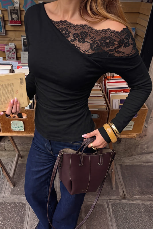 Lace Panel Asymmetric Off Shoulder Blouse