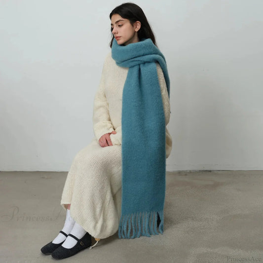80% Wool Blend Solid Color Tassel Scarf For Women - Autumn Winter Collection Scarfs-L