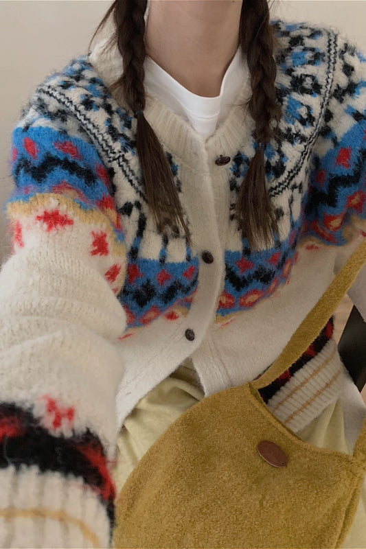Vintage Fair Isle Jacquard Colorblock Strickcardigan